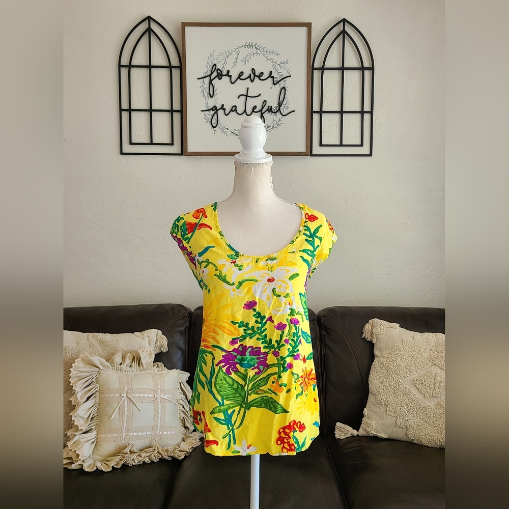 Jams World Women's Cap Sleeve Hawaiian Floral Top Size‎ S Bright Summer Beach